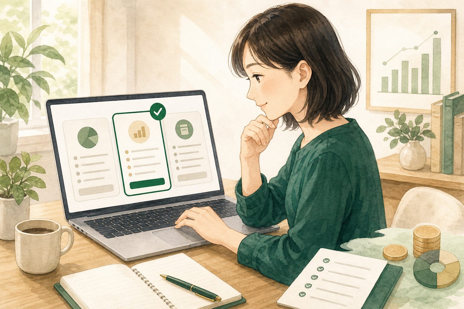 金融Webライターが案件を比較して選ぶ様子のイラスト